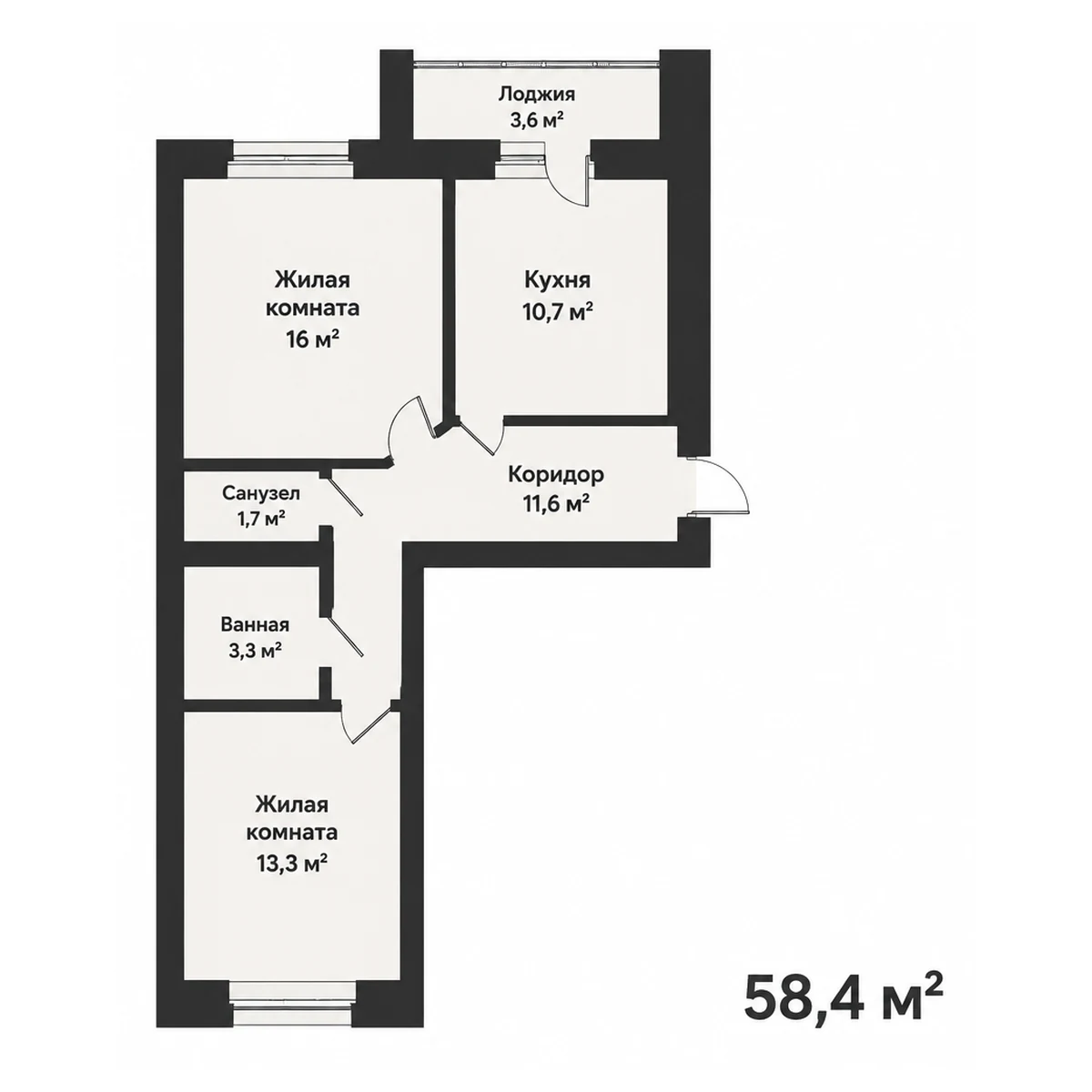 Планировка 2-комнатная квартира 58.4 м², квартира 5