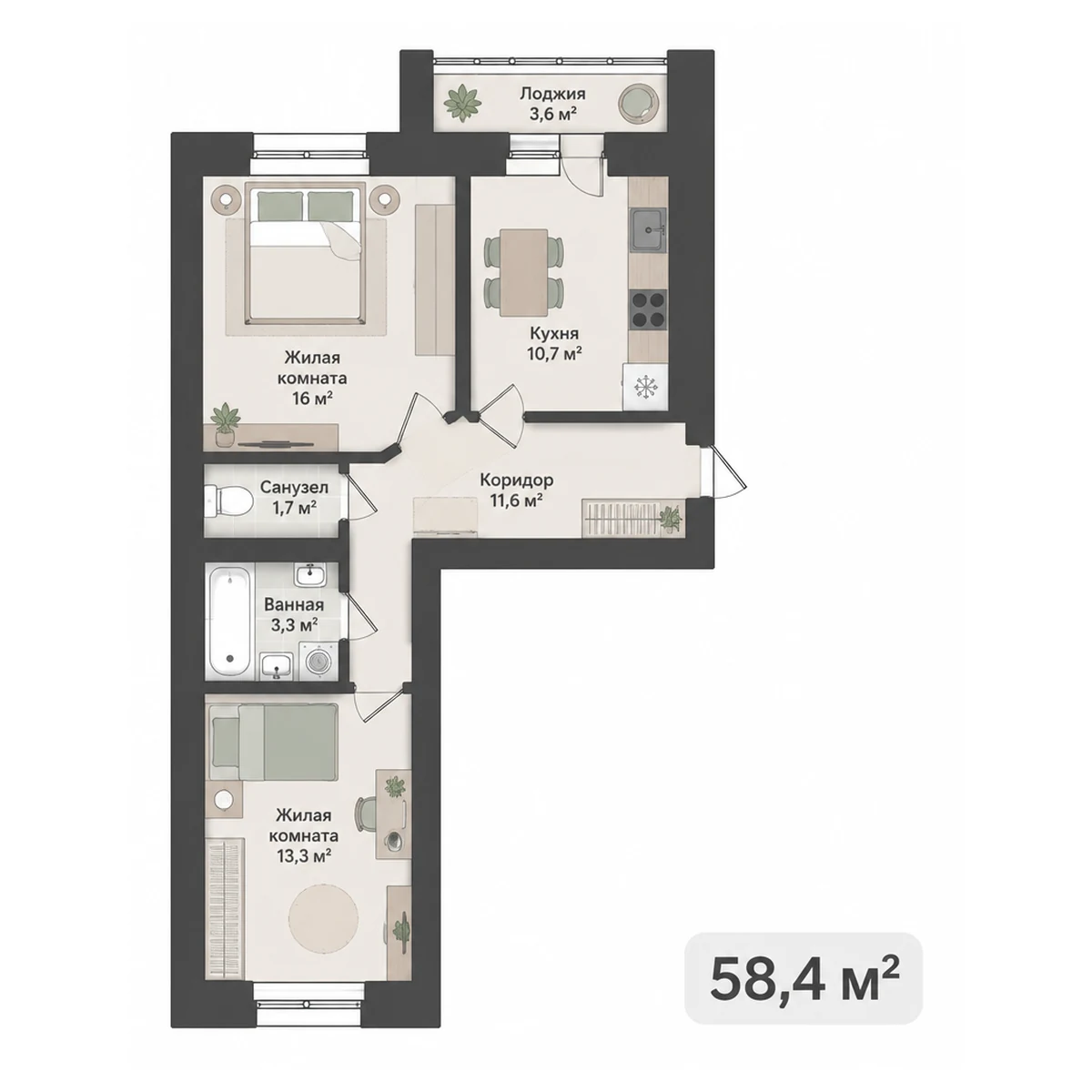Планировка с мебелью 2-комнатная квартира 58.4 м²