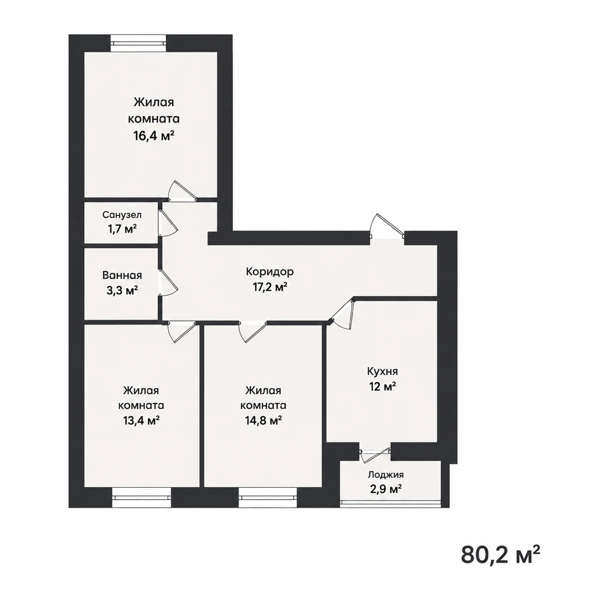 План 3-комнатная квартира 80.2 м²